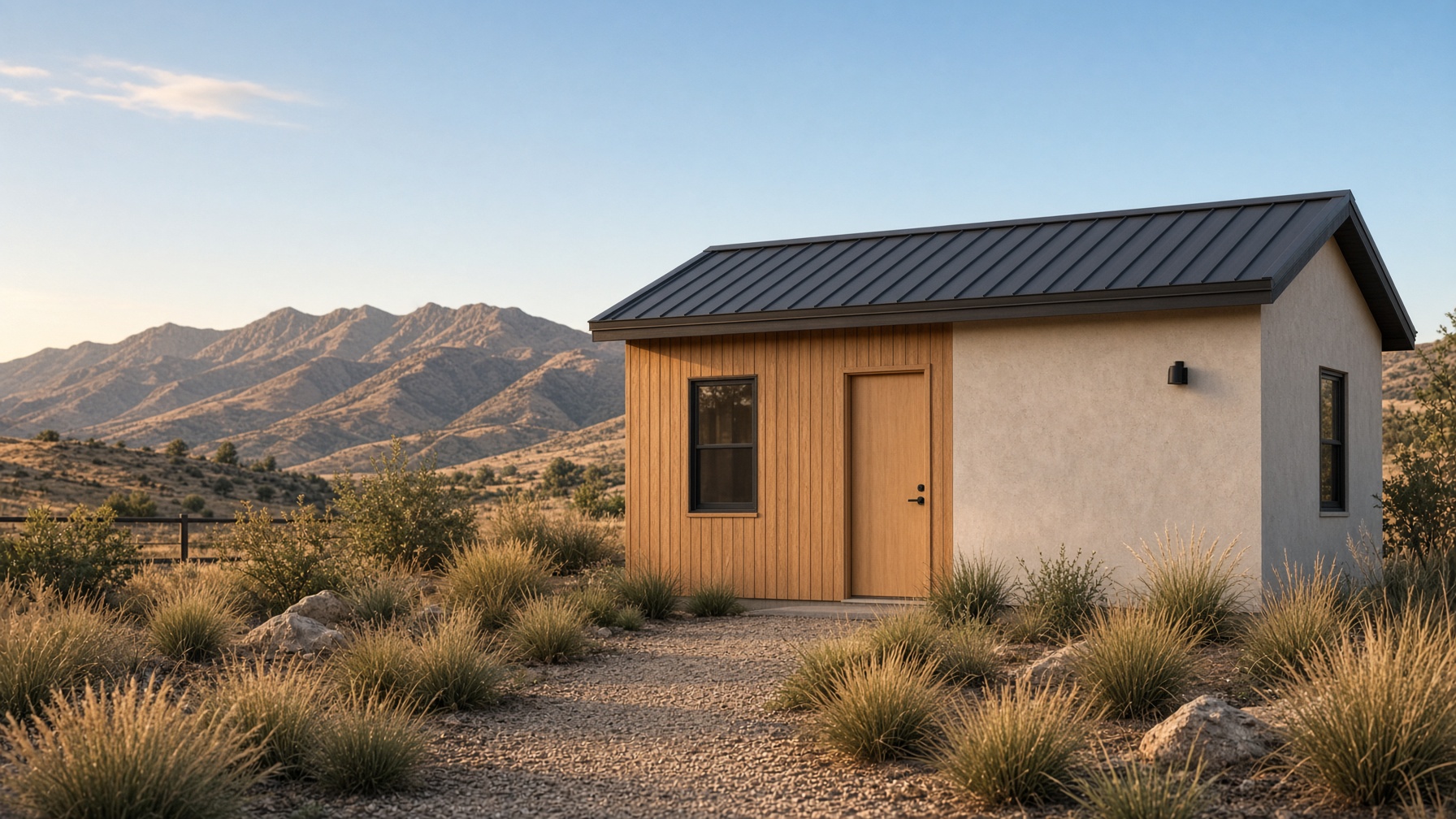 A compact cedar and stucco accessory dwelling in a Utah backyard at golden hour, with the Wasatch foothills beyond