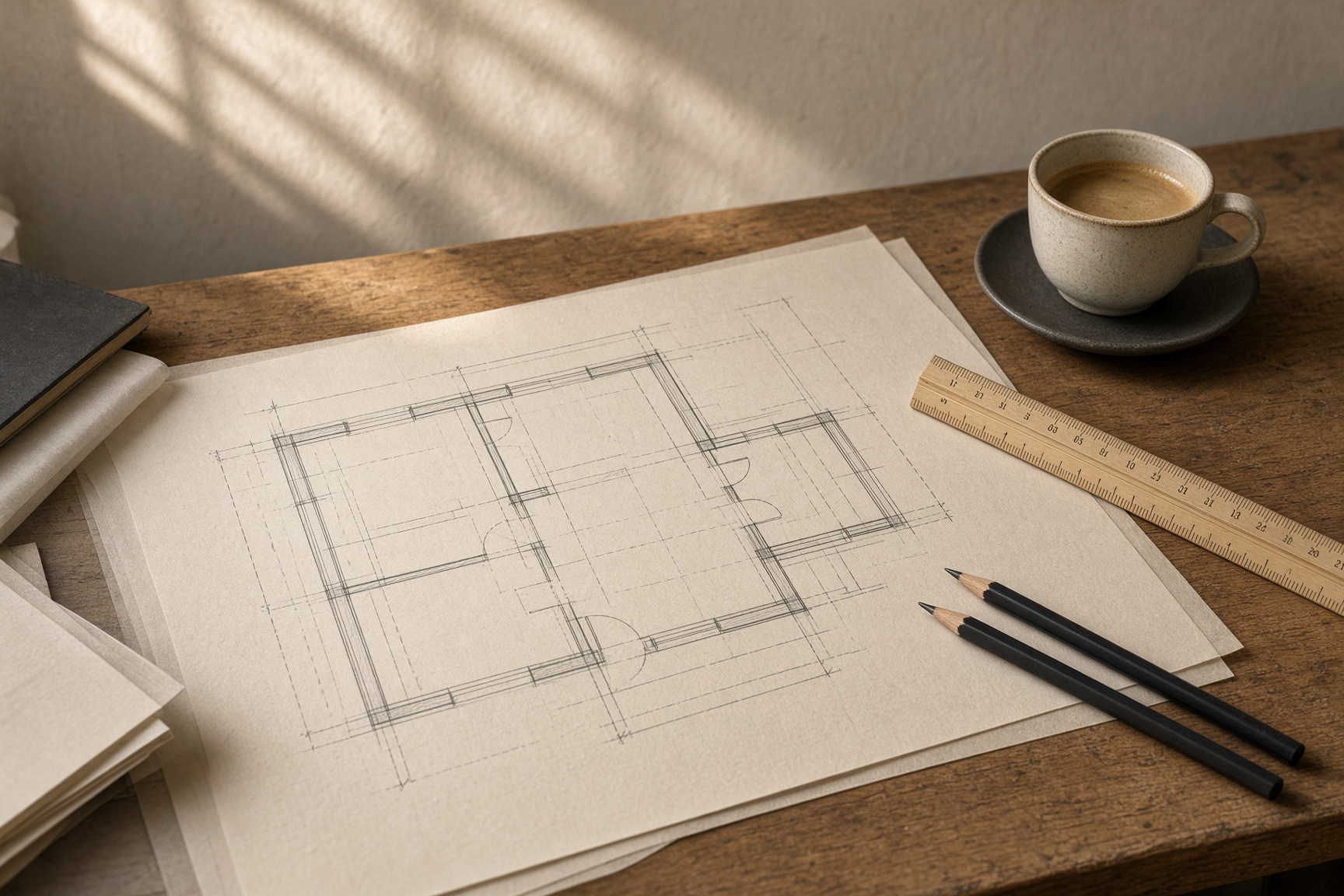 Trace paper, pencils, and an ADU floor plan on an architect’s worktable